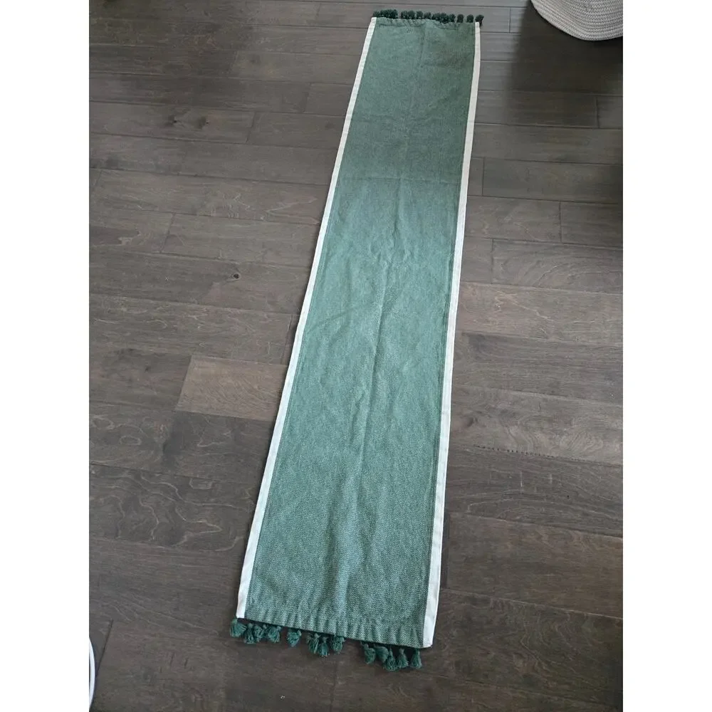 Green Herringbone Tassel Table Runner Farmhouse Boho 66